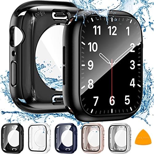 5 БР. [2 1] Водоустойчив калъф е съвместим с Apple Watch Case 44 мм, Защитно фолио за екрана SE Series 6 5 4, защитен със стъклен капак PC DABAOZA 360 и задна броня за iWatch SE Series 6 5 4 (5 опаковки, 4