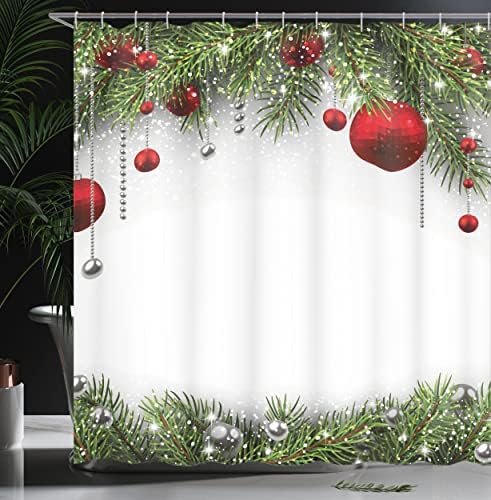 Коледна Завеса за душ Ambesonne, на Фона на празничния сезон с Принтом във формата на кълбо от борови листа Класически Дизайн, Комплект