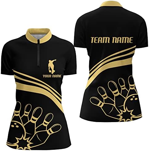 Черна и Златна Риза за Боулинг За Мъже и Жени, Изработени по поръчка Риза за Боулинг, Поло Лига Боулинг отбор и Ризата на една Четвърт от Мълния BDT14