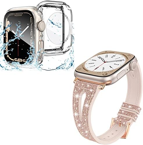 Тънка каишка Goton Bling и водоустойчив калъф 2 в 1, предназначен за Apple Watch Series 8 и 7 41 мм, женски силикон лъскава каишка