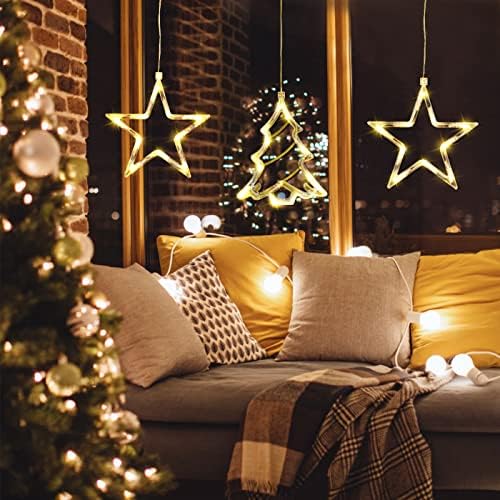FAMKCY Коледни светлини във формата на звезди на прозорците в помещението - Декорация за Пердета, Струнни инструменти, осветителни