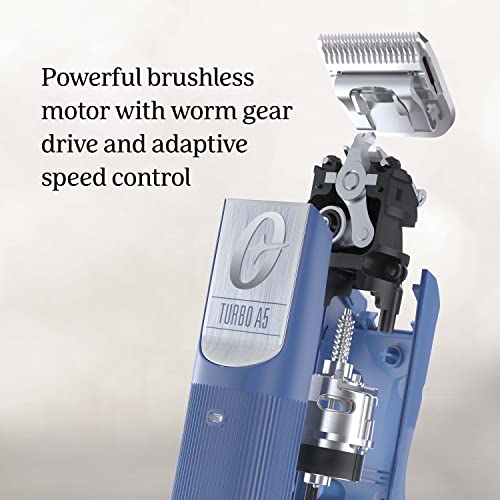 Професионална Безжична Машина за Подстригване на животни Oster Turbo A5 с Литиево-Йонна батерия, Подвижен нож, Синя за кучета