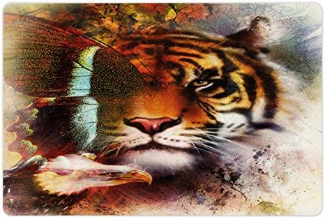 Подложка за домашни любимци Ambesonne Тигър за храна и вода, Разнообразна природа, Голяма Бенгальская котка, Белоглав Орел, Пеперудата на ярък фон, Правоъгълен Нескольз