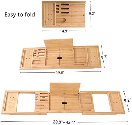 Тава за баня YCOCO, Разтегателен Бамбук Луксозен Поднос за вана със Стойка за книги и сапун кутия, Държач за таблет, Слот за Чаши за вино