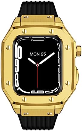 Корпус часа от сплав AZANU Каишка за Apple Watch Band Series 7 45 мм Луксозен Метален Гума комплект за промяна на часа от Неръждаема