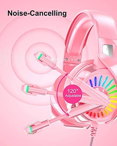 Детска Слушалки Eposy Розов цвят с микрофон за PC, PS4, Слушалките с Шумопотискане и USB LED