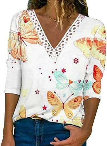 Дамски тениски с графичен дизайн Iuhan с дълъг ръкав, Дамски Елегантен Блуза с Цветен Модел, V-образно деколте, Елегантни Ежедневни Дантелени Блузи за жени, Изход