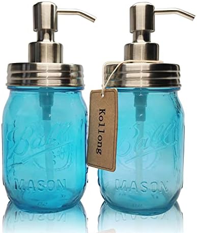 Опаковка за сапун Kollong Mason Jar с бутилка от синьо стъкло на 16 унции и черна капак от неръждаема стомана, използвани за опаковка сапун за миене на съдове и лосион, декор