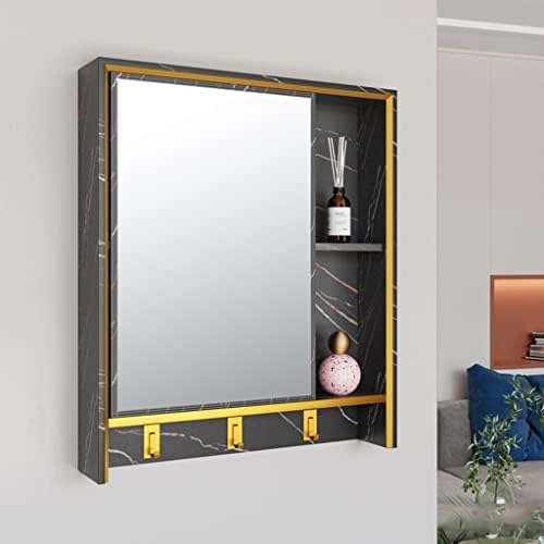 Стенен Огледален шкаф за баня, с Огледални врати и отворени рафтове, Шкаф за съхранение от Алуминиева сплав, Баня, хол и кухня (Цвят: