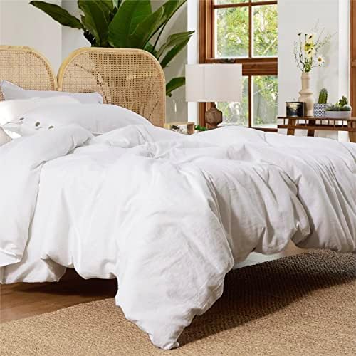 Спално бельо, Пухени California King - Комплект Пододеяльников от Памучна смес, бяло ленено одеяло, 3 предмета, 1 Чаршаф 104 x 98 см и 2 калъфки за възглавници, Стеганое одеяло се