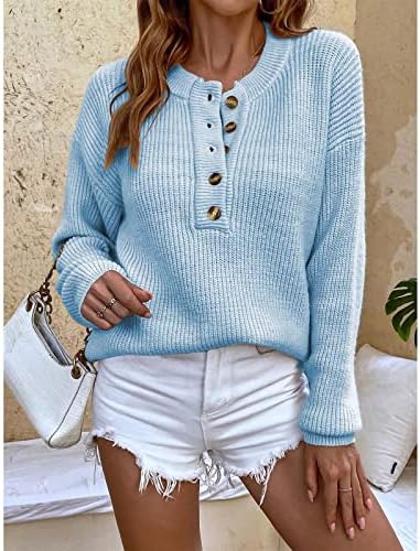 Дамски Ежедневни Блузи С Дълъг ръкав и кръгло деколте, копчета, Пуловер Плътна Тел, Върхове-Пуловери, Свободни Блузи Обикновена