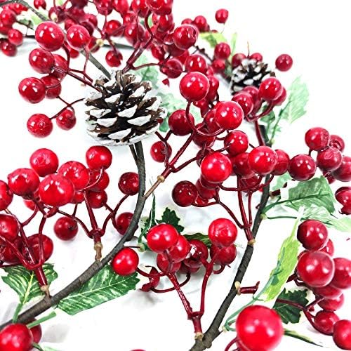 TURNMEON 6-Подножието Коледна Червена Плодове Венец, украсен с 304 Червени Плодове, 105 Листа бръшлян, 5 Борови Шишками, Изкуствена