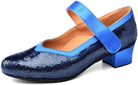 Женски обувки за балните танци, обувки за латино танци за момичета, Ниски обувки, Сини, Блестящи обувки в квадратни подметка, ток за танци 2,5 см (Цвят: синьо размер: 3,5