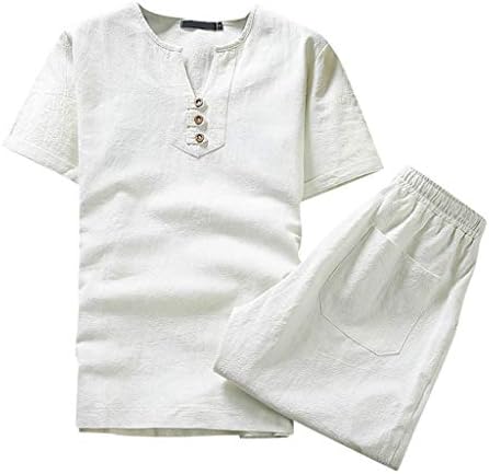 HGOOGY / Мъжки Годишният случаен комплект от 2 теми, обикновена ленени ризи с копчета с V-образно деколте и къс ръкав и къси Панталони,
