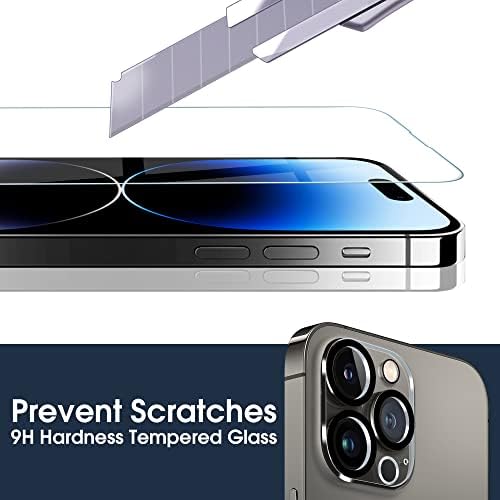 Arae 2 опаковки със Защитно фолио за екрана на iPhone 14 Pro + 2 опаковки със Защитно фолио за обектива на камерата HD Закалено