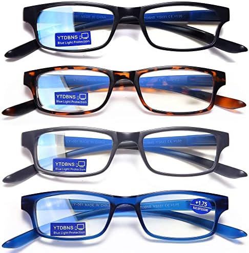 YTDBNS 4 опаковки Очила за четене за Жени - Мъже, Блокер Синя Светлина очила за четене, Прозрачни Лещи, Очила за четене с Пружинным