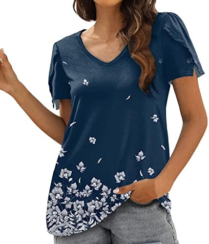 Момичета с Къс Ръкав 2023 Памук Дълбоко V Образно Деколте Графичен Принт Цветя Блуза, Тениска Лято Есен Блуза за Жените 5H 5H