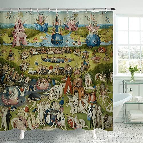 Завеса за душ Градината на земните Наслади за баня, Художествена Завеса за баня от Hieronymus Bosch, Душ Завеси от Полиэстеровой плат, Декорация с куки 69x70 инча