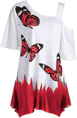 Дамски Тениски с открити рамене и Принтом Пеперуди, Летни Върховете на Размера на Плюс, Тениска с Къс ръкав, Свободни Ежедневни