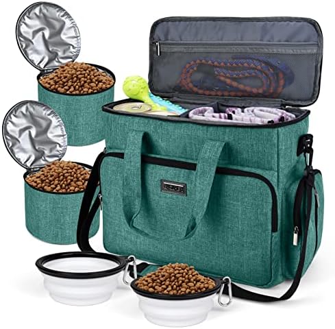 Пътна чанта за кучета BAGLHER, Одобрен Авиокомпания Органайзер за домашни любимци с Многофункционални джобове, 2 Контейнери за съхранение на храна и 2 Разтегателни мис