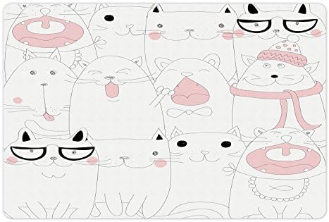 Преносимото Подложка за Коте за храна и вода, Многоликая Карикатурная тема Весел Тъжни Сънливи Нахална Котка, Нескользящий Гумена