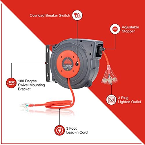 Макара с прибиращ се кабел CopperPeak Tools - 50 фута 12AWG - 3 Електрически контакти - Потолочное или Монтиране на стена - 12 Калибър - Червено и сиво