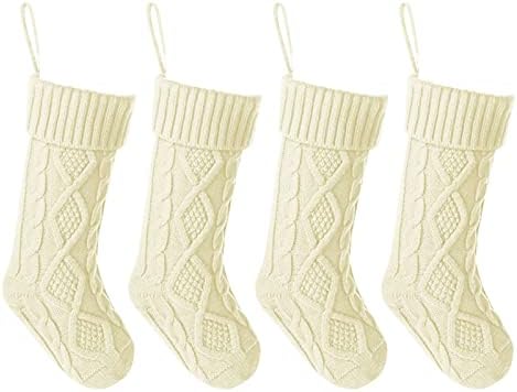 NEARTIME Classic 4 Опаковки Трикотажни Коледни Чорапи, Възли Чулочные Украса, Чорапи в селски стил за семейна почивка, Слонова Кост,