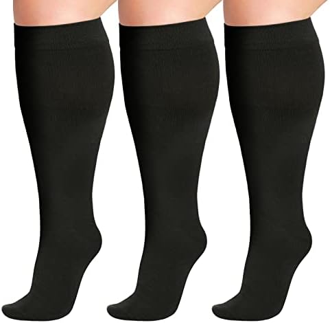3 Двойки Компрессионных Чорапи за жените, Компресия чорапи Голям Размер за Жени с Широки Телета, Черно XXXL