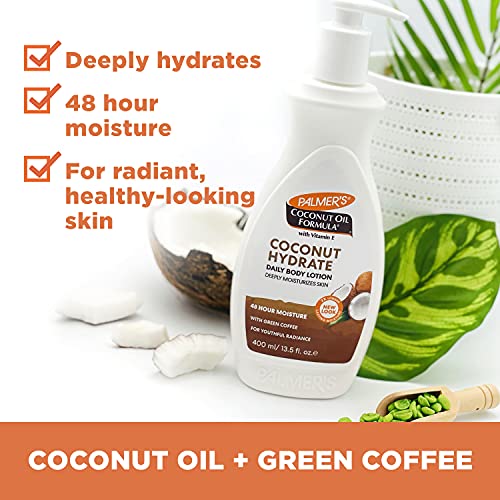 Лосион за тяло Palmer's Coconut Oil Формула за суха кожа, Хидратиращ крем за ръце и тяло с екстракт от зелено кафе и витамин е,
