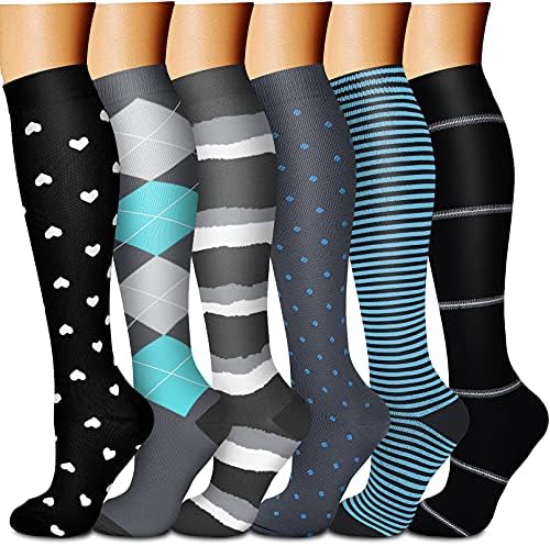 Компресия чорапи CHARMKING за жените и мъжете (6 двойки) с налягане, 15-20 мм живачен стълб.календар. Най-подходящи за лека атлетика, джогинг, пътуване със самолет, поддръжк?