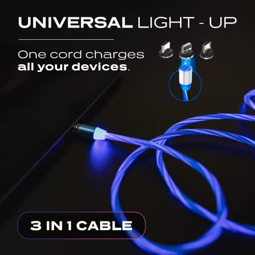 Универсален нажежен кабел Statik GloBright 3 в 1, Магнитни и смарт кабел за зареждане с поддръжка на USB-C и Micro-USB-бързо зареждане - Небьющийся 3-крак найлонов кабел - свети в тъм