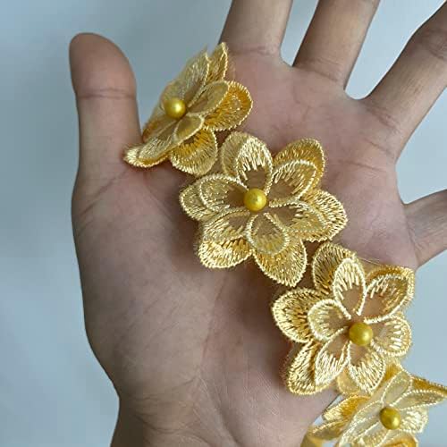 проста Лейси Лента с 3D Цветен Тапицерия в 3 ярд, Реколта Бродирана Апликация, Лейси Покритие за Шиене със собствените си ръце (Жълт)