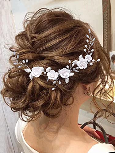 Heread Цвете булка Сватба косата лоза Сребърен лист Сватбена украса за коса Pearl превръзка на главата и Аксесоари за жени и момичета