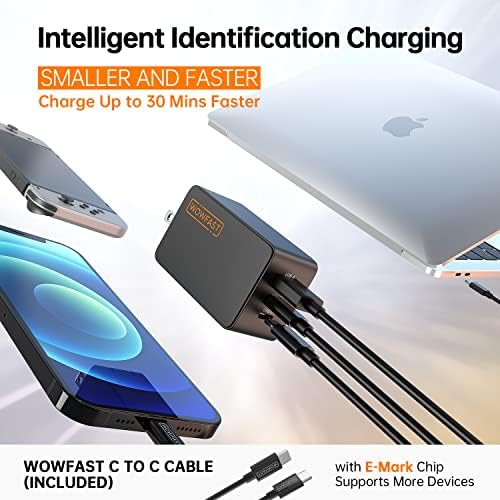 Зарядно устройство WOWFAST 65 W C USB Зарядно устройство, USB A с 3 порта GaN Fast Plug Компактно Складное монтиране на зарядно