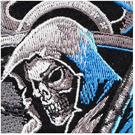 Патчстоп Grim Reaper Shield Сини Железни ивици за дрехи, Дънки - 9,75x12,5 инча X-Големи, дойде с ръце на гърба ленти за сака, Чанти - Бродирани Декоративни ленти с черепа