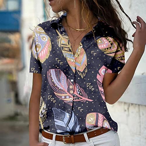 Летни Ризи с копчета за жени, Дамски Модни и Ежедневни Блуза с Къс ръкав, Ризи с принтом Копчета и Лацканах, Върхове