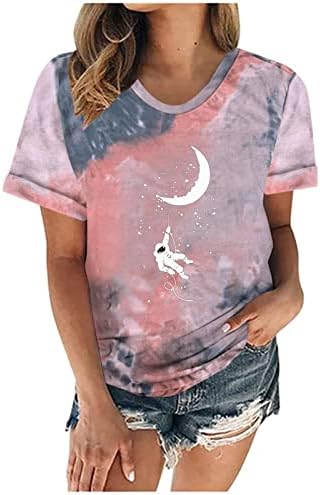 Реколта Тениски с Изображението на Луната за Жени, Основна Тениска с Кръгло Деколте и Къс Ръкав, Лятна Мода 2023, Риза с Вратовръзка-Боя, Блуза