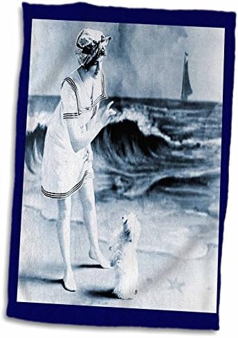 3dRose Florene Vintage - Тъмно Син Сцена На брега На Морето С Кученце - Кърпи (twl-48167-1)