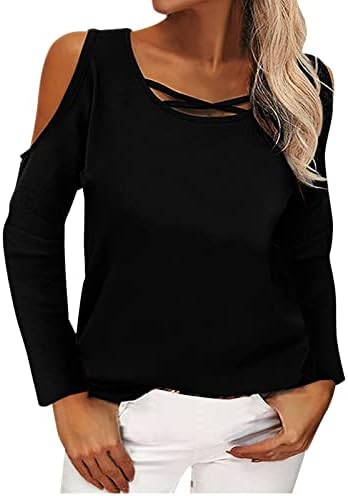 BEUU Дамски Ежедневни Обикновена Тениска с дълъг ръкав, Пуловер с открити рамене и кръгло деколте, Блузи, Тениски Големи Размери, Върхове Slim Fit