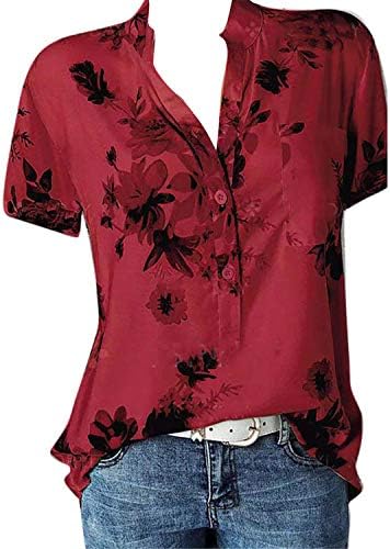 Andongnywell/ Дамски Ежедневни Ризи с Флорални принтом, V-образно деколте, Къс ръкав, Блузи, Свободни Блузи, Риза с V-образно деколте