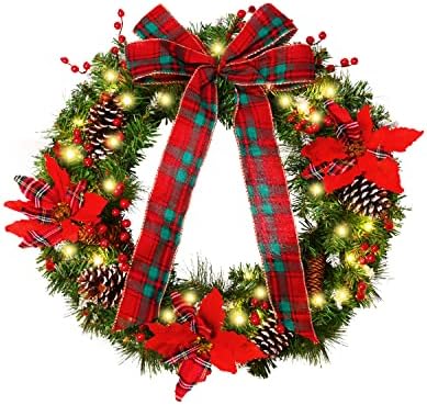 Коледни Венци от коледна звезда за входната врата DDHS 24 с Голям Коледен Венец с Подсветка Червена Карирани Лък, Коледни Цветя, Борови Шишарки, червени горски Плодове
