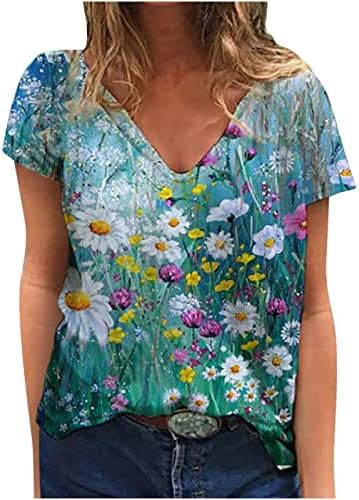 Момичета 2023 Памук с Къс Ръкав Цветен Графичен Свободен Приятелка Свободно Намаляване Блуза, Тениска Vneck Тениска за Жени ZI