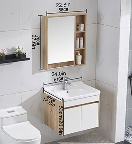 Стенен Тоалетка за баня с Керамични плотове Модерен Тоалетка за баня и Мивка с Шкаф за съхранение, с чекмедже и огледало, Шкафове
