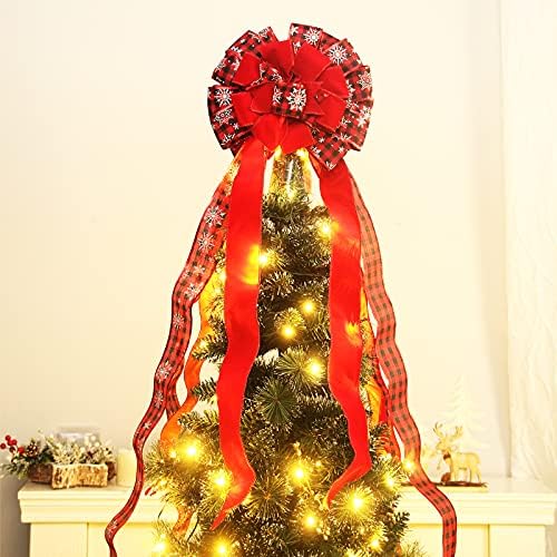 Topper за Коледната елха, Лък За Коледната Елха, Голям Декоративен Лък в Клетката цвят Бизон с Снежинками Ръчен труд за Коледната