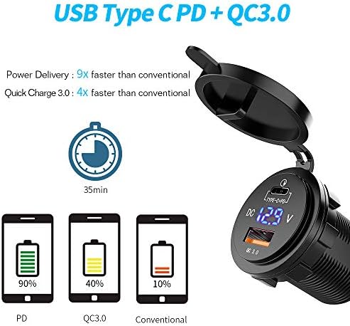 Зарядно за кола MICTUNING 36W Fast USB PD-C конектор USB Quick Charge 3.0 и зарядно устройство Type C с led цифров Вольтметром, съвместим с iPhone Pixel Samsung