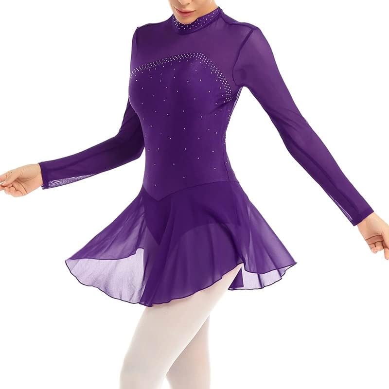 CCBUY Женски Сетчатое рокля за фигурата каране на кънки на лед с дълъг ръкав за възрастни, Балетное Трика, рокля с пайети костюм за лирични Танци (Цвят: лилаво, размер: X