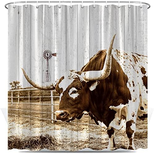 Завеса за Душ Longhorns Cow Селска Фермерска Къща Тексас Говеда Дървена Ограда Вятърна Мелница Западна Селска Ферма Трева За Животните Селска Юта, САЩ Кафяви Тъкани Заве