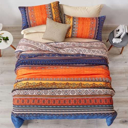Комплект спално бельо впечатлява със своя бохемски стил Queen, Обръщане на Синьо-Оранжево Комплект спално бельо райе в стил Бохо