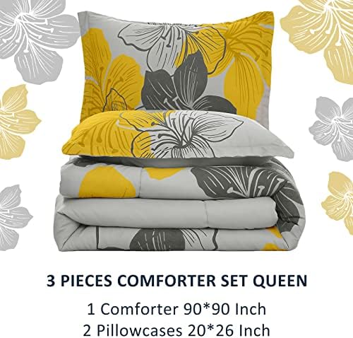 Комплект цвете одеяла Queen - 3 предмет с жълт цветен печат на сив фон - Комплект спално бельо от ультрамягкой микрофибър, лек комплект спално бельо в стил бохо за целия