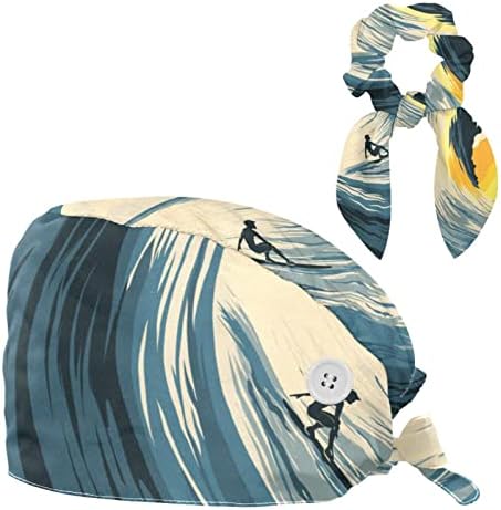 Работна капак с бутон за жени, унисекс търкане Bouffant покрива с вълни за сърфиране художествена живопис регулируема Лента отзад шапка